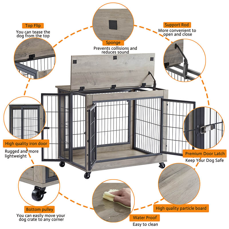 31.5 Gray Furniture-Style Dog Crate on Wheels