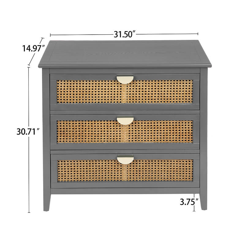 31.5" Gray Rattan Cabinet with 3 Drawers and Metal Handle