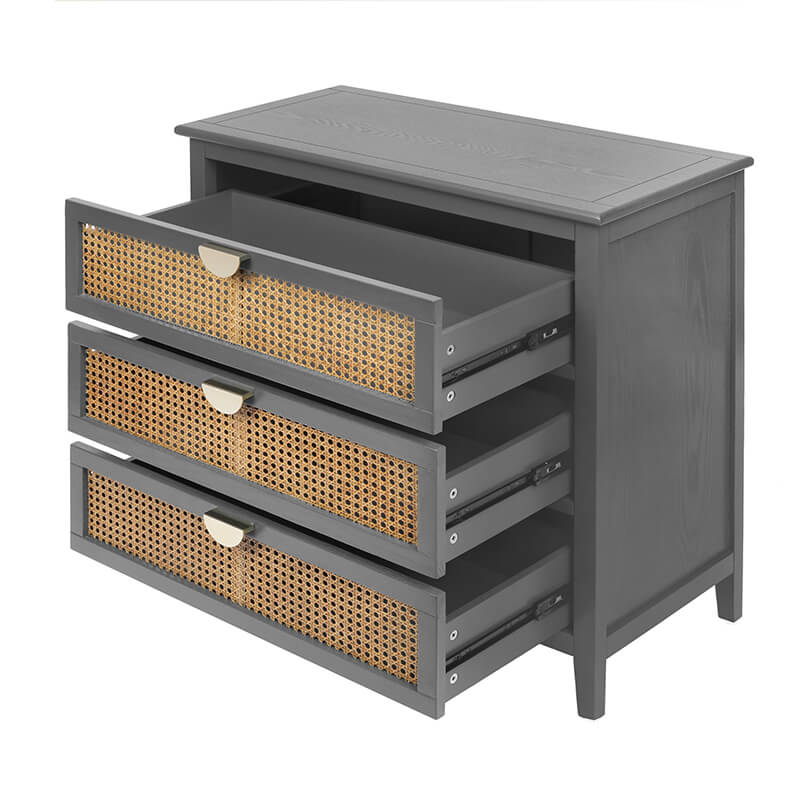 31.5" Gray Rattan Cabinet with 3 Drawers and Metal Handle