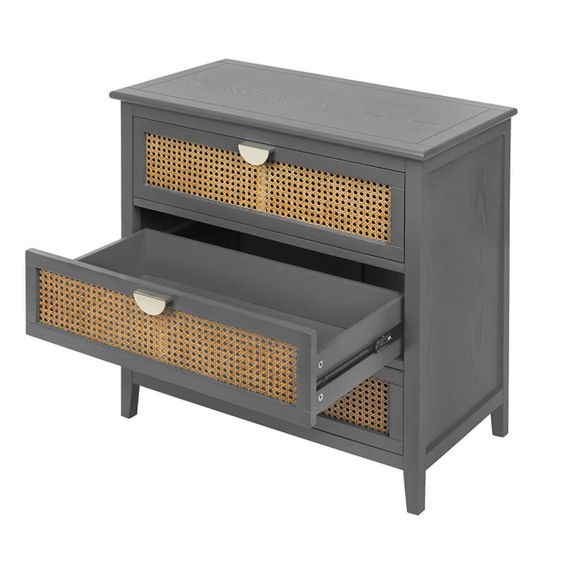 31.5" Gray Rattan Cabinet with 3 Drawers and Metal Handle