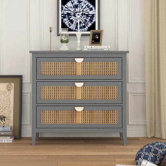 31.5" Gray Rattan Cabinet with 3 Drawers and Metal Handle