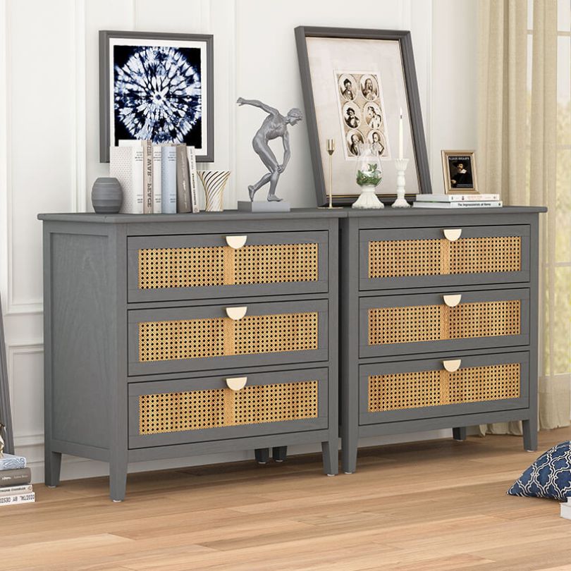 31.5" Gray Rattan Cabinet with 3 Drawers and Metal Handle