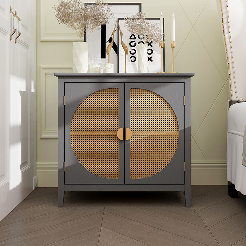 31.5" Gray Rattan Cabinet with Semicircle Doors