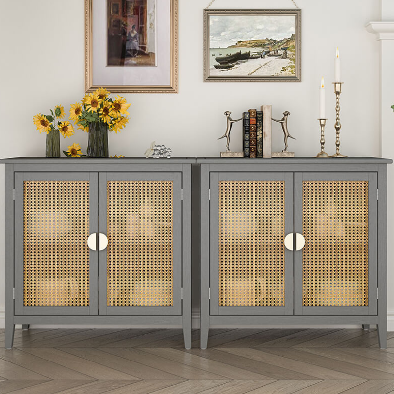 31.5" Gray Rattan Sideboard Storage Cabinet with Two Doors