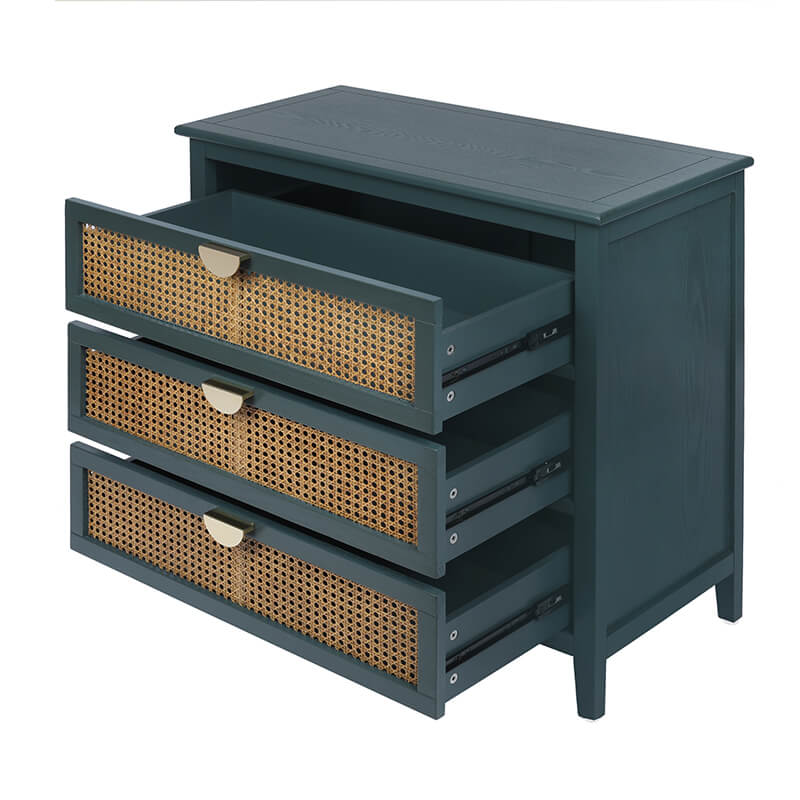 31.5" Green Rattan Cabinet with 3 Drawers and Metal Handle