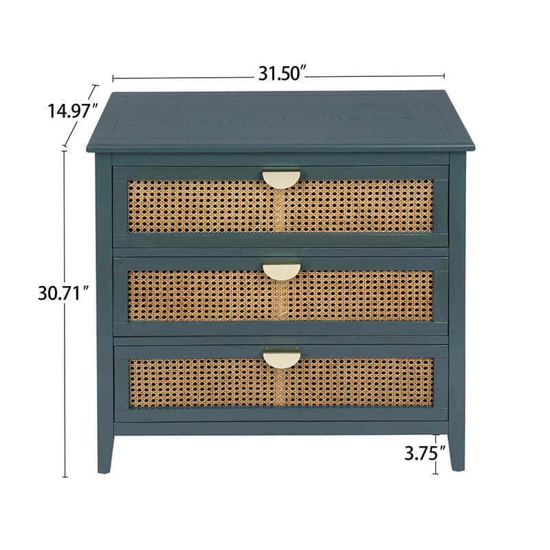 31.5" Green Rattan Cabinet with 3 Drawers and Metal Handle