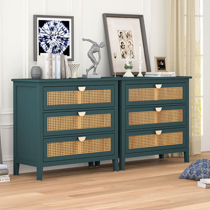 31.5" Green Rattan Cabinet with 3 Drawers and Metal Handle