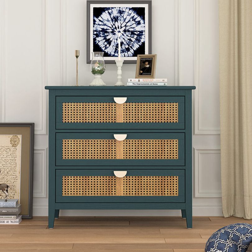 31.5" Green Rattan Cabinet with 3 Drawers and Metal Handle