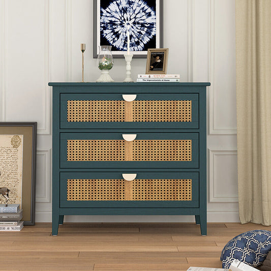 31.5" Green Rattan Cabinet with 3 Drawers and Metal Handle