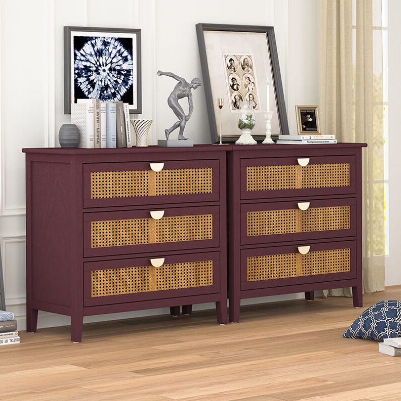 31.5" Red Rattan Cabinet with 3 Drawers and Metal Handle