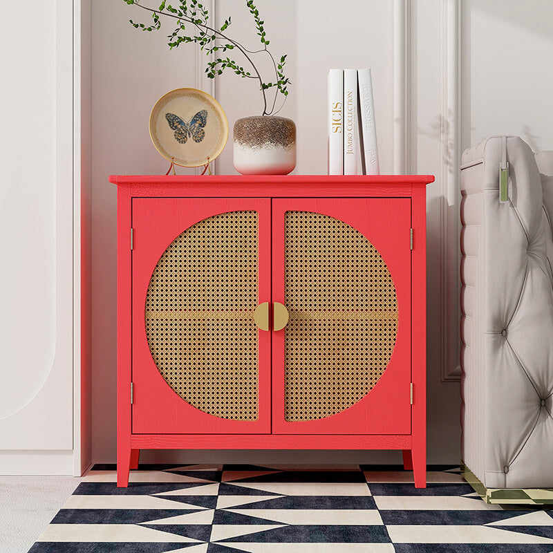 31.5" Red Rattan Cabinet with Semicircle Doors