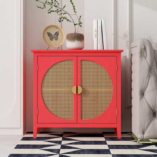 31.5" Red Rattan Cabinet with Semicircle Doors