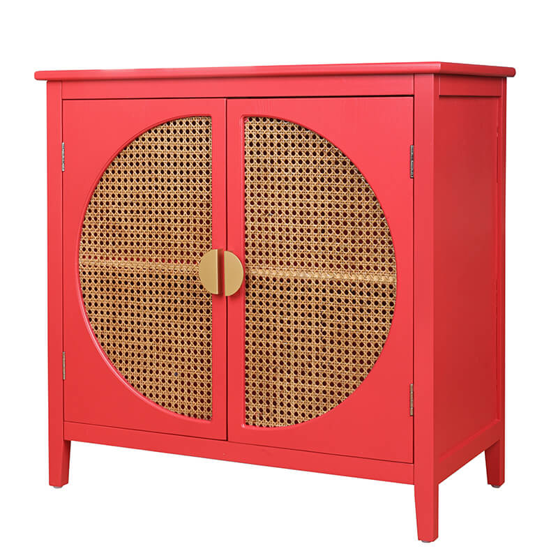 31.5" Red Rattan Cabinet with Semicircle Doors