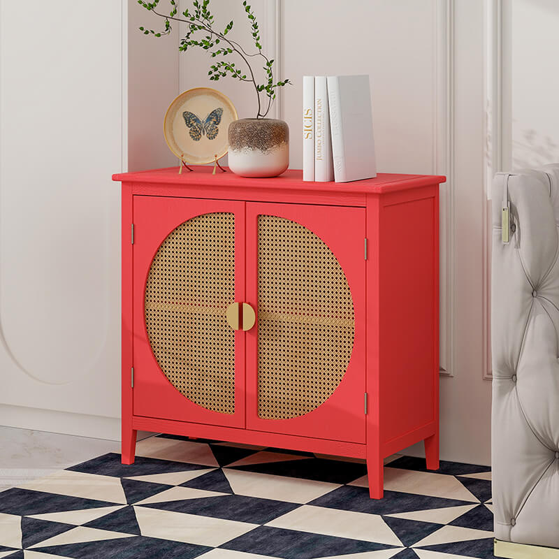 31.5" Red Rattan Cabinet with Semicircle Doors