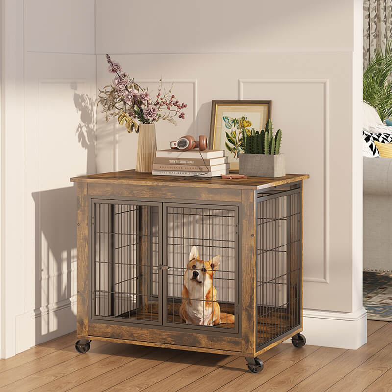 31.5" Rustic Brown Furniture-Style Dog Crate on Wheels with Double Doors and Lift Top