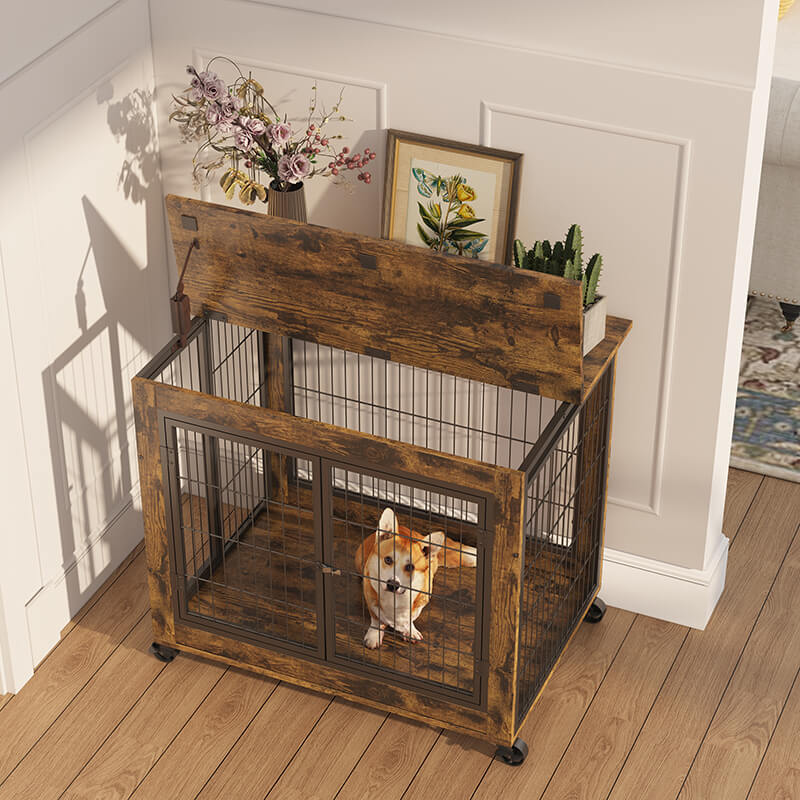 31.5" Rustic Brown Furniture-Style Dog Crate on Wheels with Double Doors and Lift Top