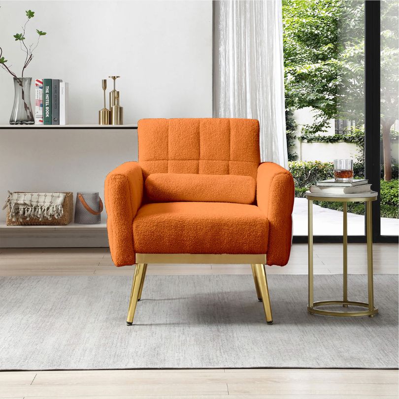 31" Modern Tufted Accent Chair with Waist Pillow - Orange Teddy Fabric