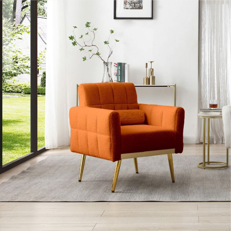 31" Modern Tufted Accent Chair with Waist Pillow - Orange Teddy Fabric