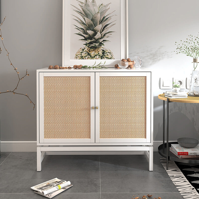 31" Modern White Natural Rattan 2-tier Accent Storage Cabinet with Built-In Adjustable Shelf