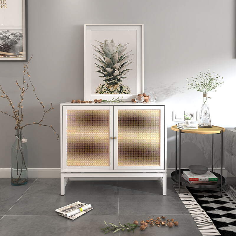 31" Modern White Natural Rattan 2-tier Accent Storage Cabinet with Built-In Adjustable Shelf