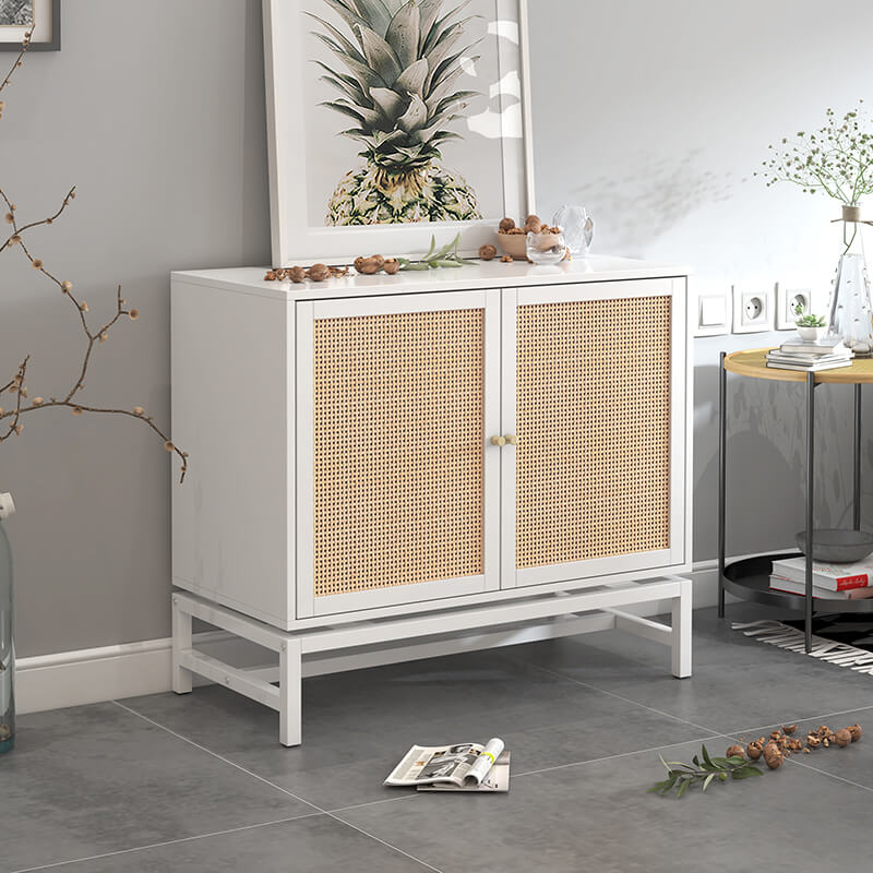 31" Modern White Natural Rattan 2-tier Accent Storage Cabinet with Built-In Adjustable Shelf