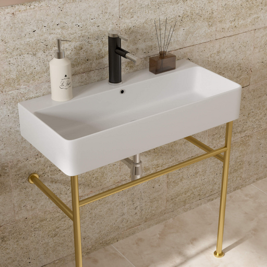 32" Bathroom Ceramic Console Sink with Overflow, Gold Legs