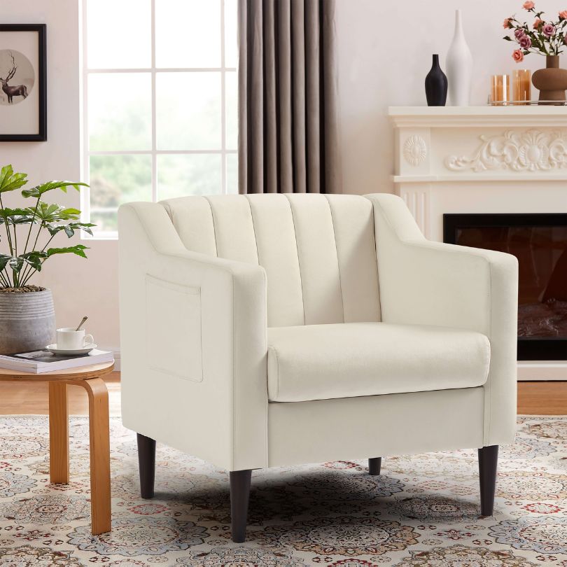 32" Mid-century White Tufted Barrel Club Accent Chair