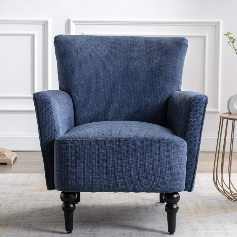 32 Modern Blue Accent Linen Armchair with Solid Wooden Legs