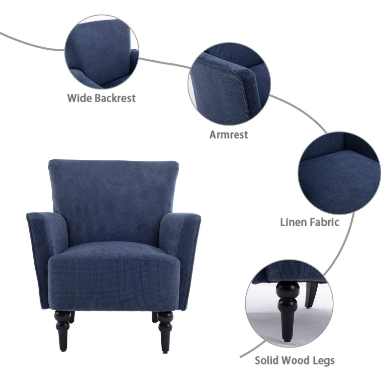 32 Modern Blue Accent Linen Armchair with Solid Wooden Legs