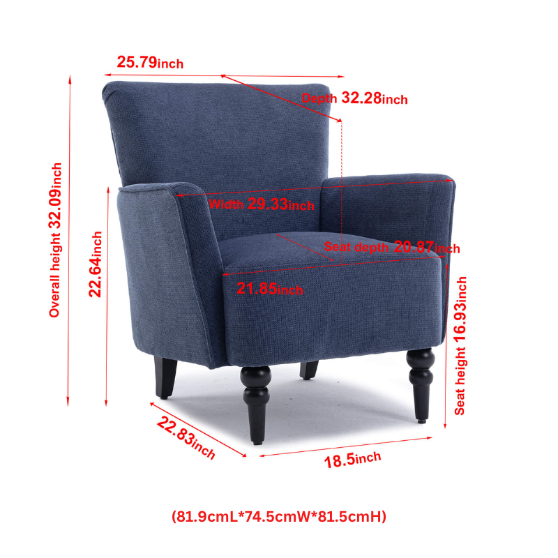 32" Modern Blue Accent Linen Armchair with Solid Wooden Legs