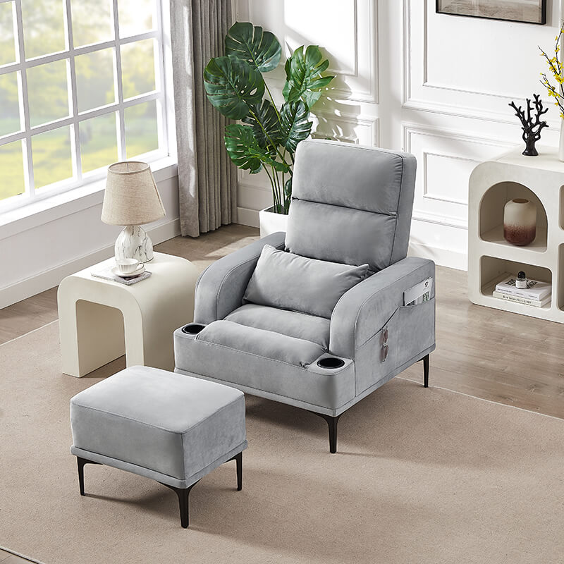 32" Modern Gray Velvet Fabric Armchair with Ottoman