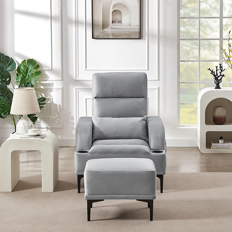 32" Modern Gray Velvet Fabric Armchair with Ottoman