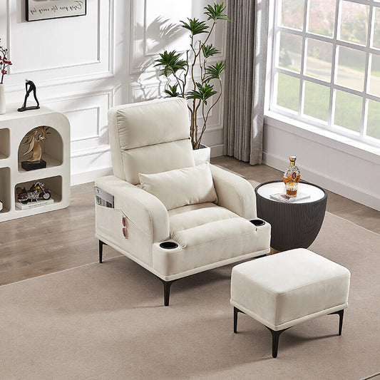 32" Modern Ivory Velvet Fabric Armchair with Ottoman