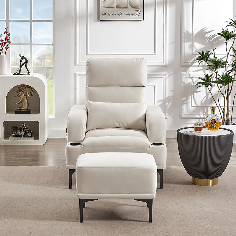 32" Modern Ivory Velvet Fabric Armchair with Ottoman