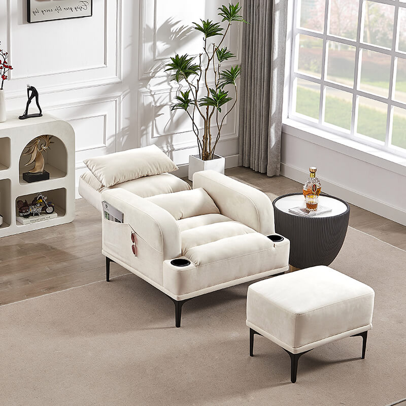 32" Modern Ivory Velvet Fabric Armchair with Ottoman