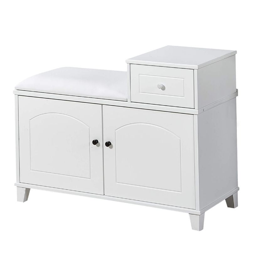 32" Wooden Shoe Cabinet with Doors and White Ottoman Bench