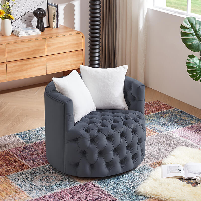 33.5" Dark Grey Velvet Swivel Barrel Chair with 2 Pillows - 360° Rotating Base