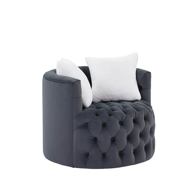 33.5" Dark Grey Velvet Swivel Barrel Chair with 2 Pillows - 360° Rotating Base