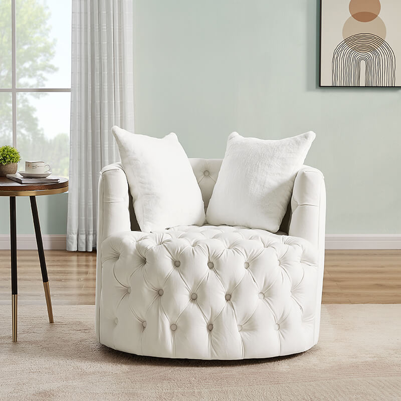 33.5" White Velvet Swivel Barrel Chair with 2 Pillows - 360° Rotating Base