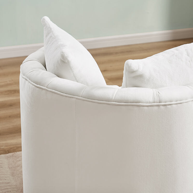 33.5" White Velvet Swivel Barrel Chair with 2 Pillows - 360° Rotating Base