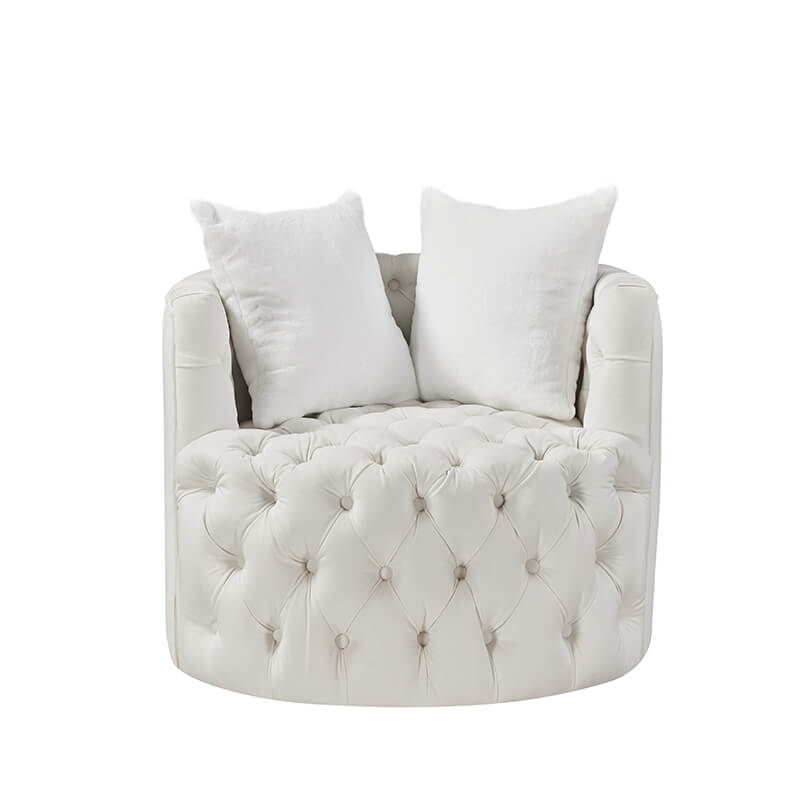 33.5" White Velvet Swivel Barrel Chair with 2 Pillows - 360° Rotating Base