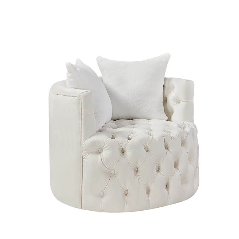 33.5" White Velvet Swivel Barrel Chair with 2 Pillows - 360° Rotating Base