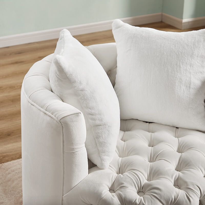 33.5" White Velvet Swivel Barrel Chair with 2 Pillows - 360° Rotating Base