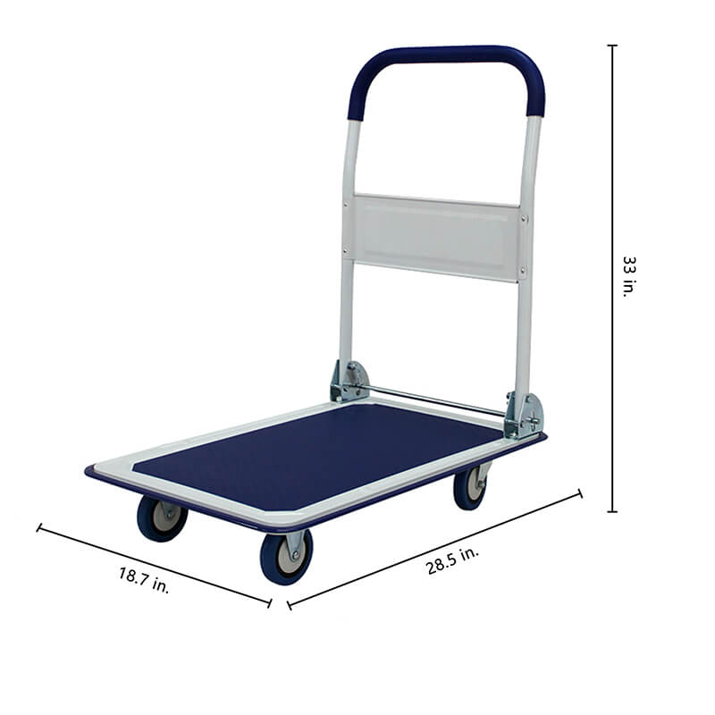 A dimension Image of the 330lbs Capacity Blue Dolly Folding Push Hand Flatbed Rolling Cart