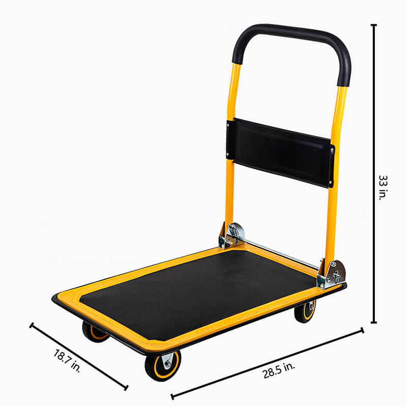 A dimension Image of the 330lbs Capacity Yellow Dolly Folding Push Hand Flatbed Rolling Cart