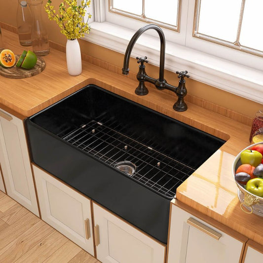 33" Farmhouse Black Single Bowl Fireclay Kitchen Sink Bottom grid