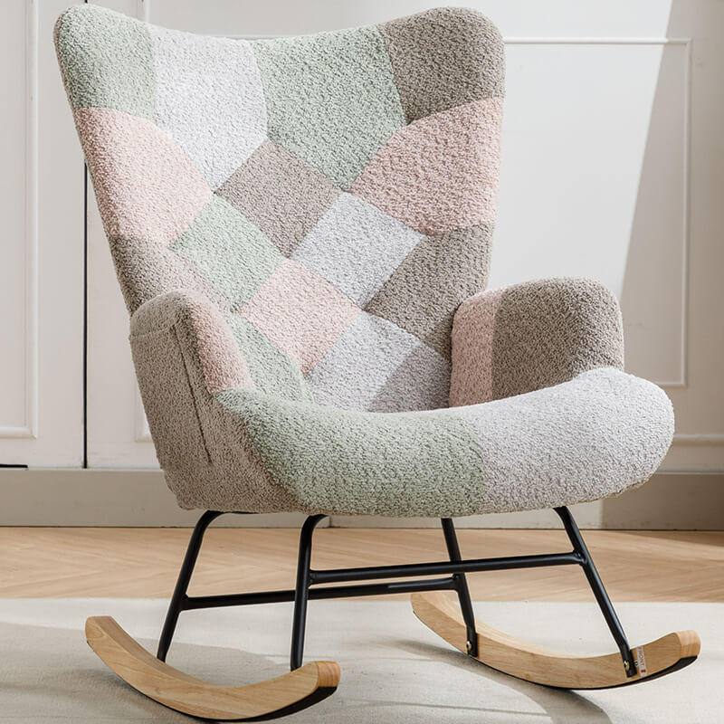 33" Modern Beige Patchwork Rocking Chair with Wooden Legs