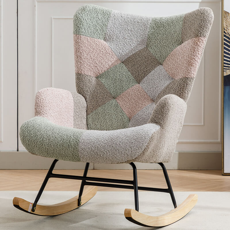 33" Modern Beige Patchwork Rocking Chair with Wooden Legs