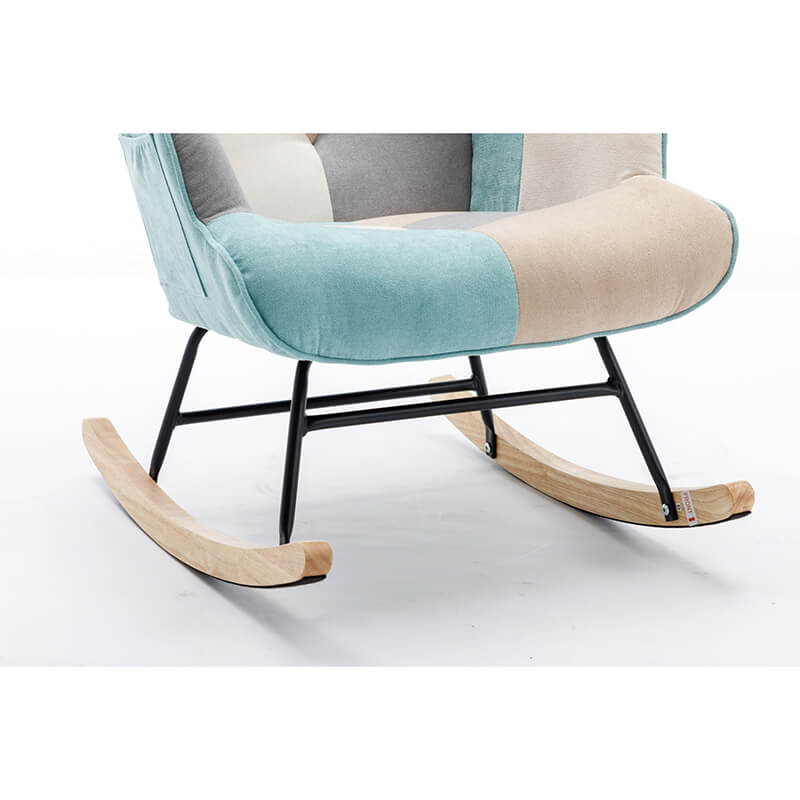 33" Modern Blue Patchwork Accent Rocking Chair with Wooden Legs