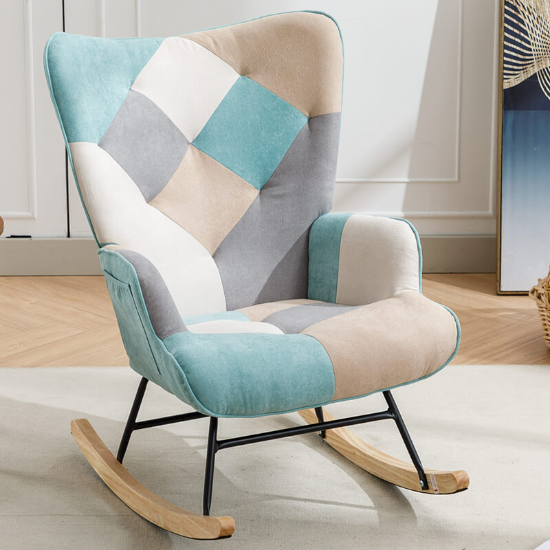 33" Modern Blue Patchwork Accent Rocking Chair